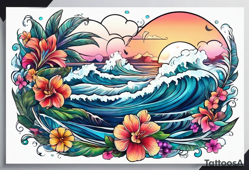 sea,, night, flower, palm, tattoo idea