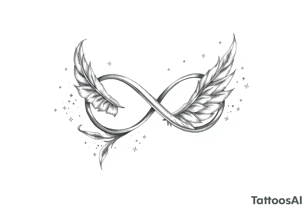 infinity symbol woven with floating feathers and stardust tattoo idea