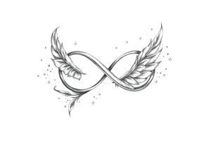 infinity symbol woven with floating feathers and stardust tattoo idea