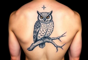 wise owl perched on ancient oak branch under starlit sky tattoo idea