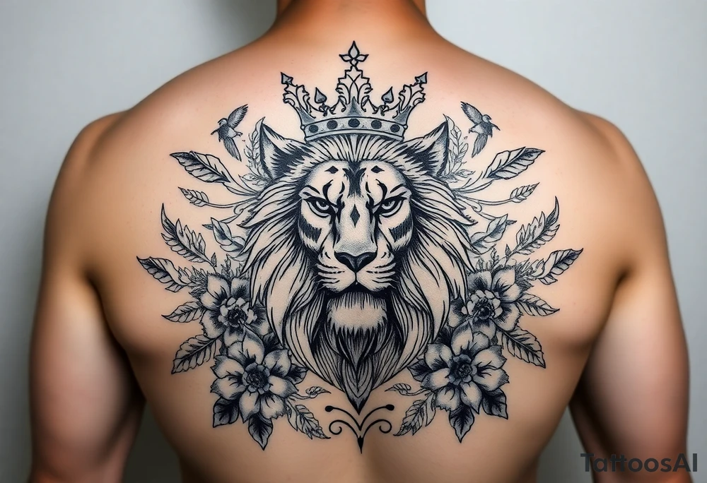 powerful majestic lion with a crown, surrounded by floral ornaments and birds tattoo idea