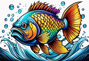 "A large aggressive looking fish riding in a tank, with vibrant colors tattoo idea