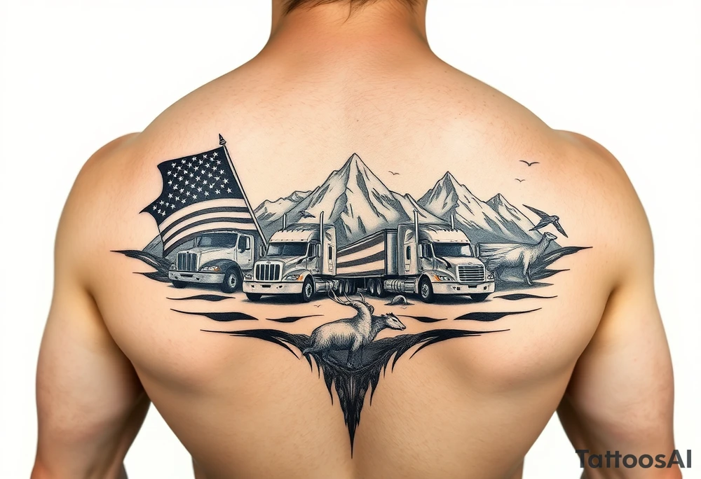 Masculin, American flag, country, mountains, wildlife, nature, racing , father of 4 trucks blue collar sleeve tattoo idea