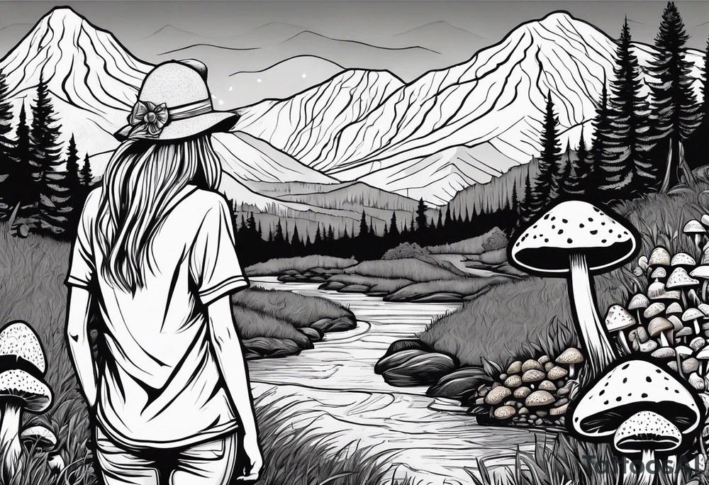 Straight long blonde hair hippie girl in distance holding mushrooms in hand facing away toward mountains and creek surrounded by mushrooms tee shirt and hiking pants tattoo idea