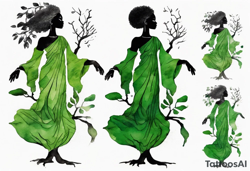a tree with roots and a trunk that turns into a black woman reaching with her arms towards the sun, wearing a green tunic tattoo idea