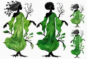a tree with roots and a trunk that turns into a black woman reaching with her arms towards the sun, wearing a green tunic tattoo idea