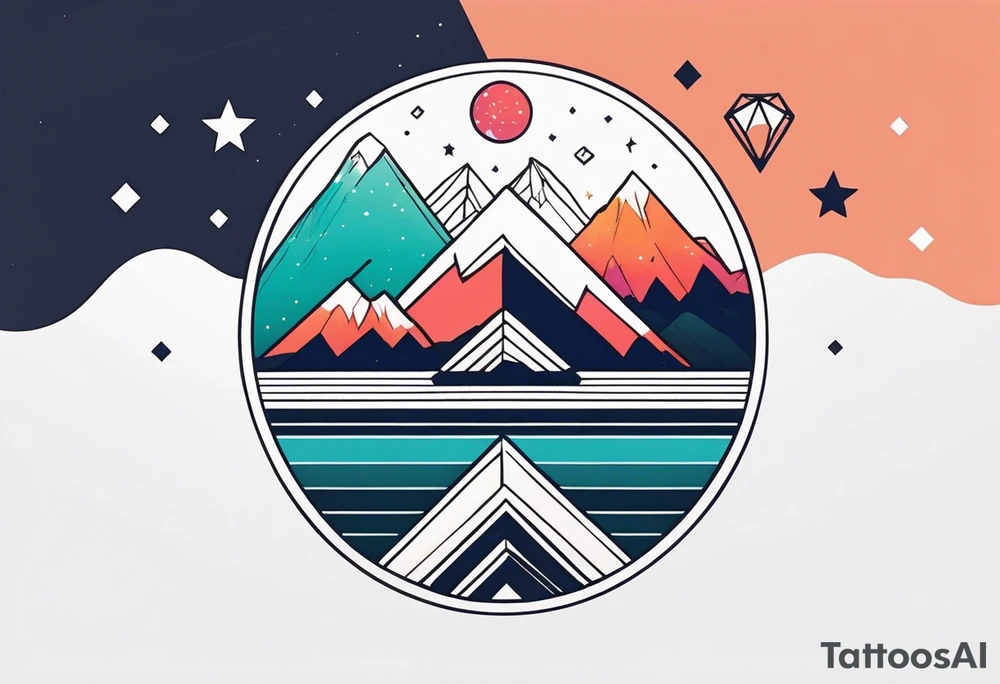 Mountain one Peak, sea waves, space with two littel coloured Stars, geometrical Forms, circle, diamond surrounding scenery with dashed lines overlapping tattoo idea