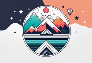 Mountain one Peak, sea waves, space with two littel coloured Stars, geometrical Forms, circle, diamond surrounding scenery with dashed lines overlapping tattoo idea