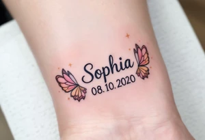 Sophie 08. 10. 2020 – Soft peach and coral tones around Sophia's birthdate, adorned with butterfly wings and small gold sparkles. tattoo idea