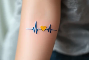 A blue EKG tattoo around the arm with a bright yellow heart, capturing the pulse of love and happiness. tattoo idea