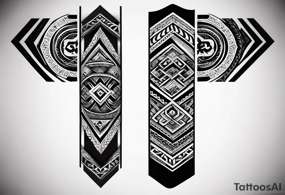 Men's tribal armband tatto made of geometrics patters and containing a wide black stripe around the whole forearm. The tattoo covers the middle part of the forearm, around 5 cm from the elbow and 5 cm from the wrist. The ornaments are of slavic style. tattoo idea
