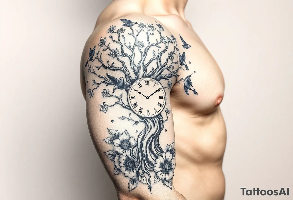 tree of life with clock, surrounded by floral ornaments and birds tattoo idea