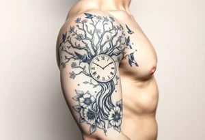 tree of life with clock, surrounded by floral ornaments and birds tattoo idea