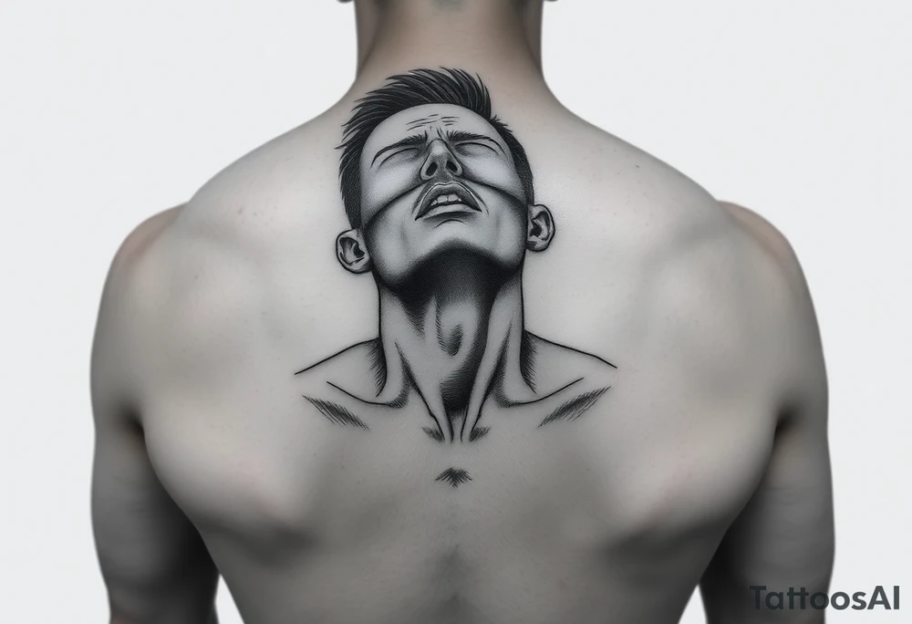 a naked man covered his eyes and mouth and looking up the sky tattoo idea