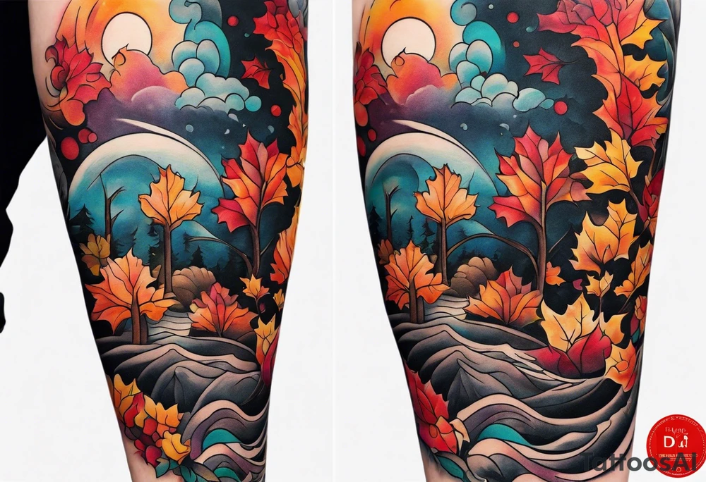 Arm Sleeve Tattoo with fall colors flat tattoo idea