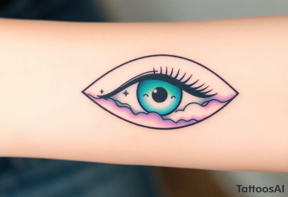 Large outline of an eye shaped like an almond with the eye as a spade with eye colored greenish blue with long pretty black eyelashes + a crescent moon stars and clouds inside of the eyeball only + using vivid colors like blue green purple light blue light green light purple tattoo idea