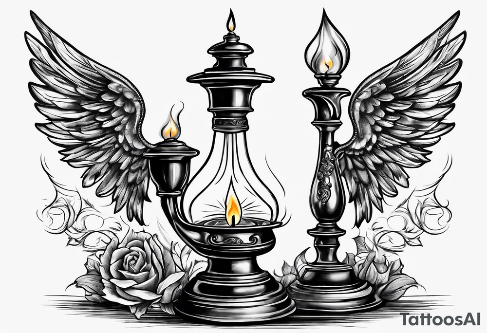 Extinguished oil lamp with smoke and angel wings tattoo idea