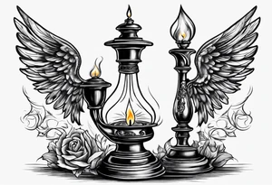 Extinguished oil lamp with smoke and angel wings tattoo idea