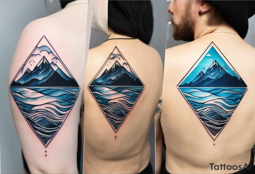 This is a minimalistic tattoo split into 2 distinct sections; a top half and a bottom half. The top half is a mountain in Norway with a windy mountain bike trail wrapping around the mountain. The bottom half of the tattoo depicts an underwater ocean scene, featuring blue water and sea life. tattoo idea