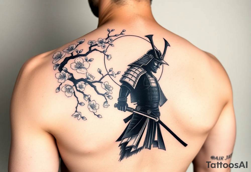 noble samurai warrior silhouette at sunset with cherry blossoms in a full arm sleeve tattoo idea