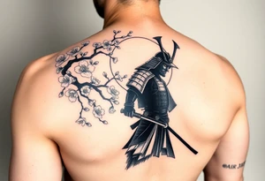 noble samurai warrior silhouette at sunset with cherry blossoms in a full arm sleeve tattoo idea