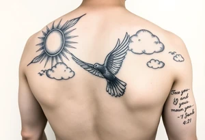 sun rays starting on the shoulder going a bit onto chest and down arm with some clouds, mourning dove, bible verse 1 John 4:21 written on the bicep, this is going to be a sleeve tattoo idea