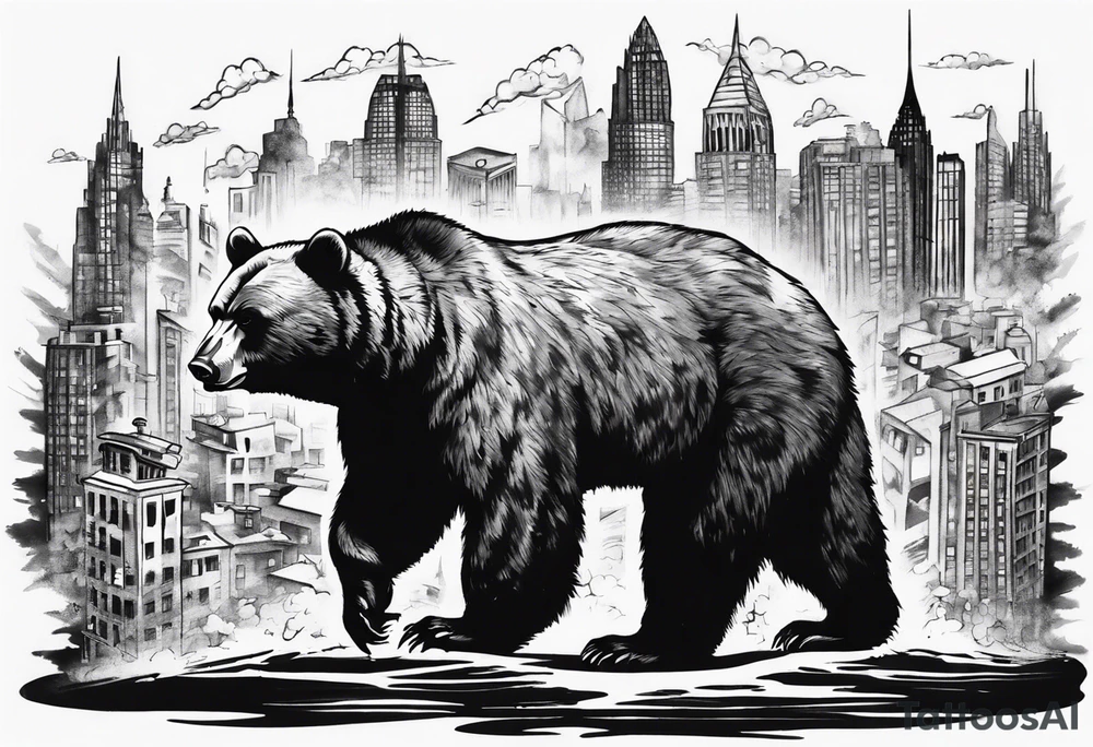 Serious bear coming up behind a city tattoo idea Serious bear coming up behind a city tattoo idea
