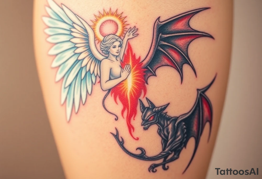 A radiant angel, with soft white wings and a glowing halo, surrounded by light, juxtaposed against a dark demon, with jagged black wings and fiery red eyes, symbolizing the ultimate conflict between good and evil. tattoo idea