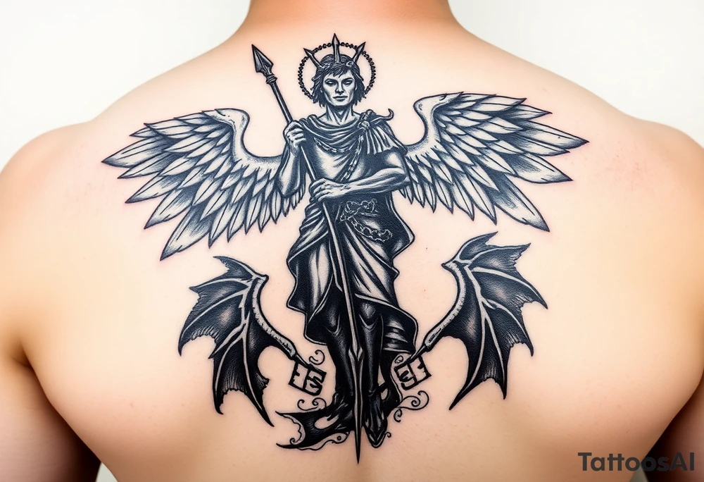 Silhouette of archangel Michael standing over Lucifer with a spear to his throat tattoo idea