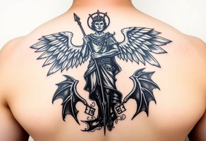 Silhouette of archangel Michael standing over Lucifer with a spear to his throat tattoo idea