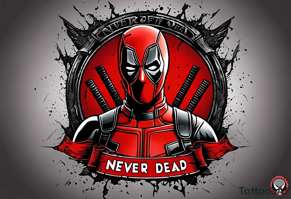 Banner with Text: A worn, dark banner wraps around Deadpool with the phrase "NEVER DEAD" in bold, cracked letters that give a strong and aggressive impression. The banner has small torn details, as if it’s been through rough conditions, with shading that adds depths. tattoo idea