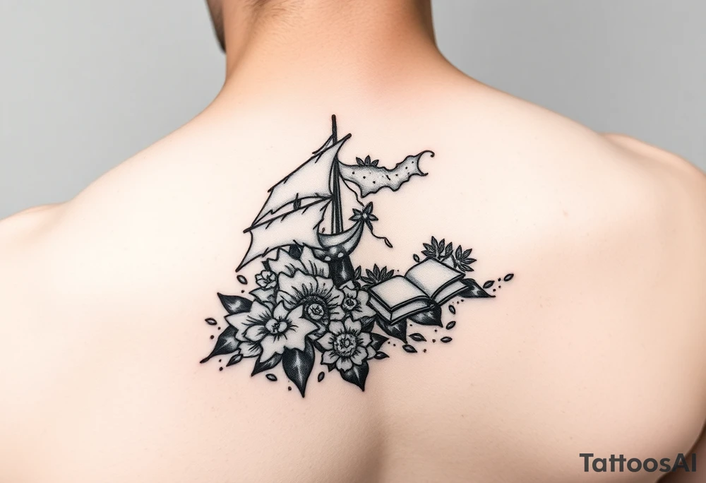 A black and white tattoo that will go on side of the wrist. This is for someone who loves ocean, travel and books. tattoo idea