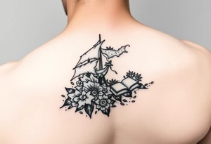 A black and white tattoo that will go on side of the wrist. This is for someone who loves ocean, travel and books. tattoo idea
