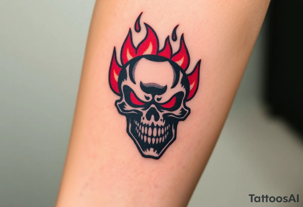 A fierce skull with flames emerging from its eyes, painted in black and red, representing aggression and power tattoo idea