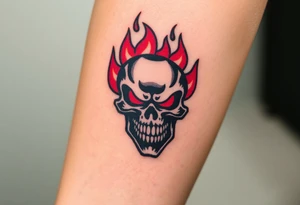 A fierce skull with flames emerging from its eyes, painted in black and red, representing aggression and power tattoo idea