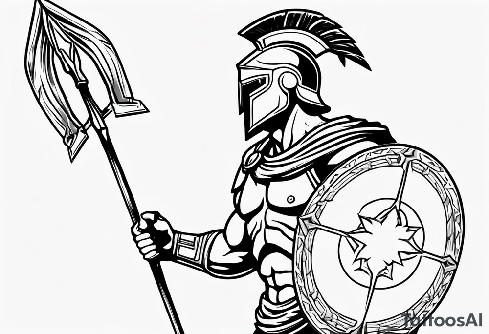 rectangular landscape format ultra-fine line linework vector of a spartan from the side, spartan spear, spartan shield, laurel wreath tattoo idea