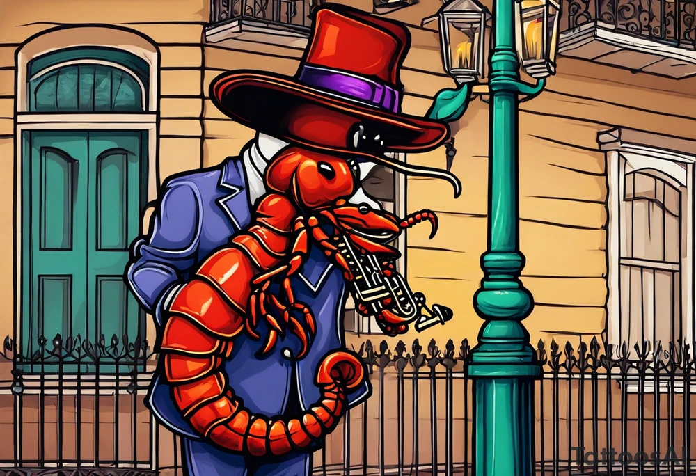 an anthropomorphism crawfish standing by a lamp post in the French Quarter playing a saxophone while wearing a Fedora and Mardi Gras beads around his  neck tattoo idea