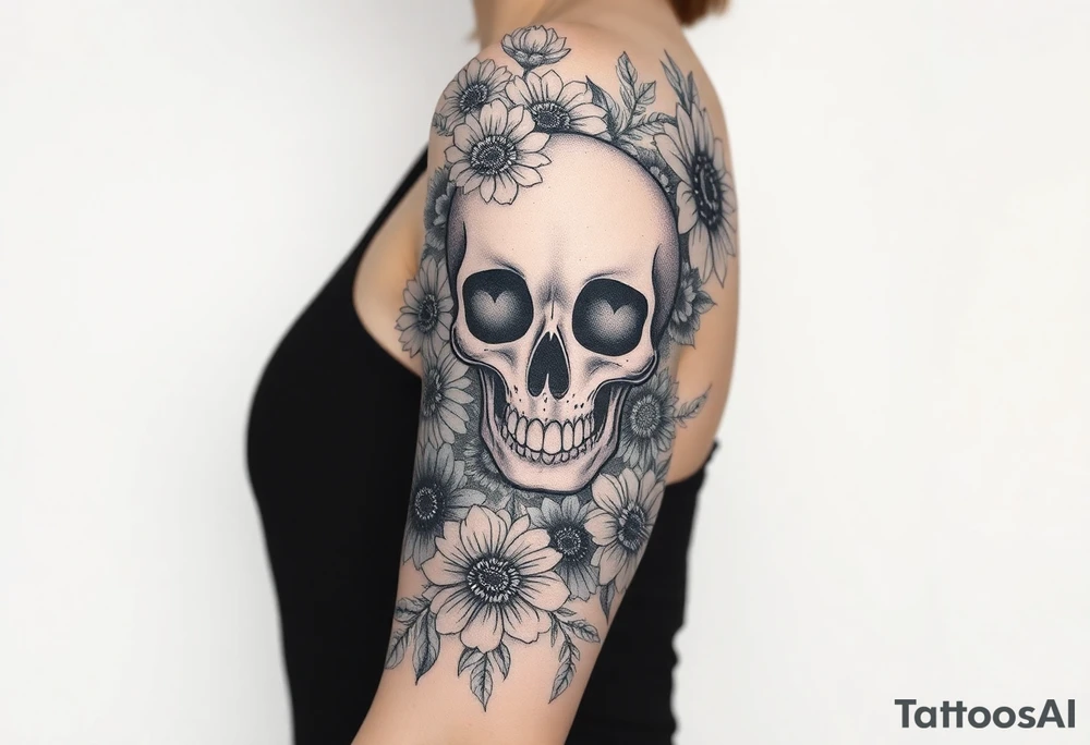 A half sleeve with Gothic pretty skull with heart shaped eyes surrounded by wildflowers and peonies and sunflowers tattoo idea