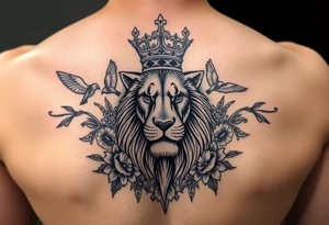powerful majestic lion with a crown, surrounded by floral ornaments and birds tattoo idea