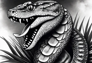 Black and grey realism with a pit viper snake rainforest background for a forearm sleeve. Create the snake to have aggressive features, coiled and mouth open showing fangs tattoo idea