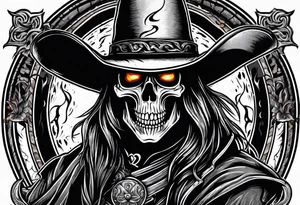 Grim reaper screaming with flames coming out of his eyes and wearing a rustic cowboy hat with a don’t mess with Texas t shirt tattoo idea