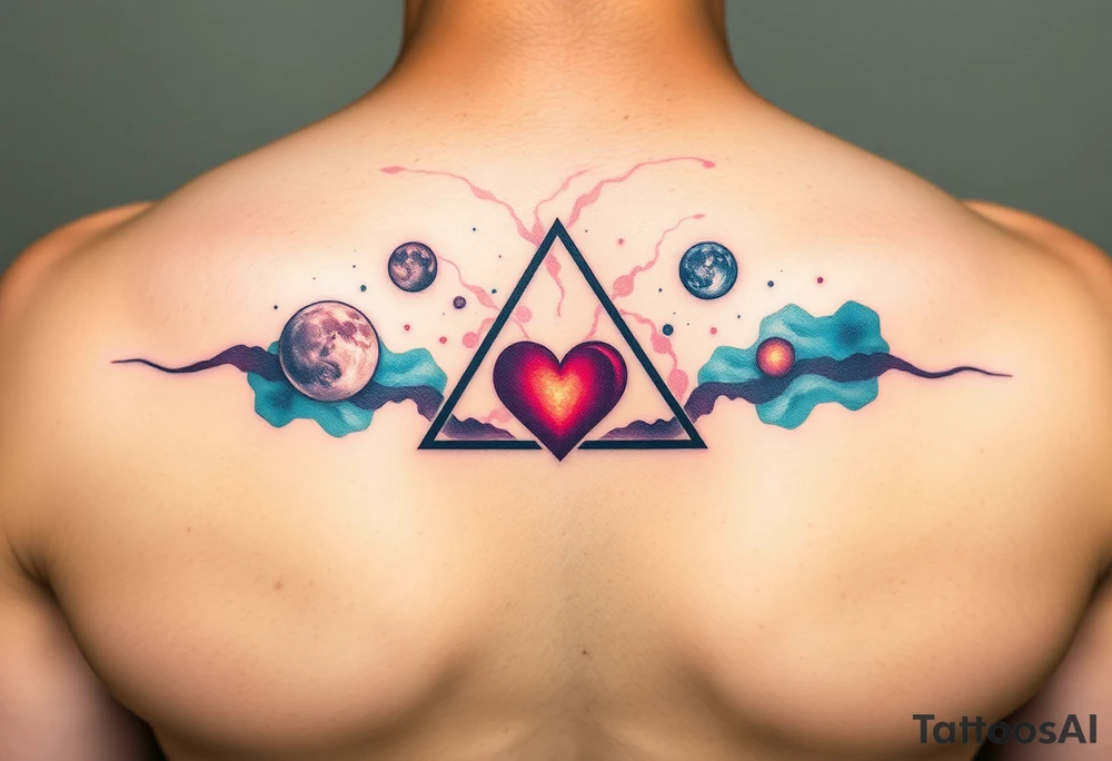 A single triangle with a heart in the center with planets and galaxy in background tattoo idea