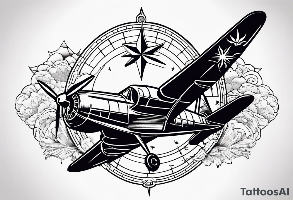 Travel themed for thigh, compass rose with tiny jet plane tattoo idea