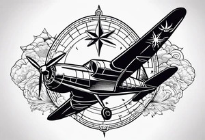 Travel themed for thigh, compass rose with tiny jet plane tattoo idea