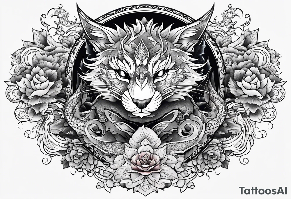 long horizontal tattoo with dragon and a cat tattoo idea