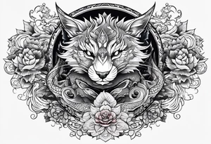 long horizontal tattoo with dragon and a cat tattoo idea