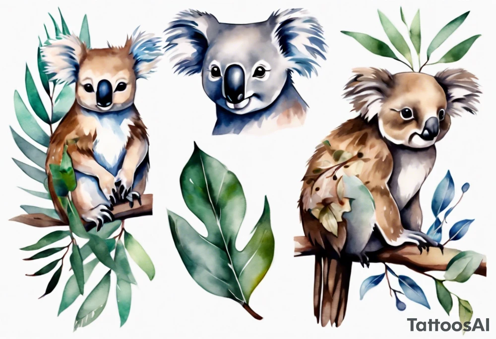 A koala with a kookaburra with eucalyptus leaves and wattle leaves tattoo idea