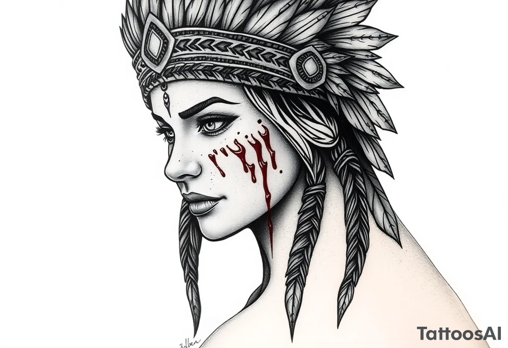Beautiful Woman with battle scars and blood on face wearing bear headdress tattoo idea