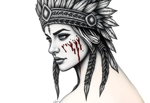 Beautiful Woman with battle scars and blood on face wearing bear headdress tattoo idea