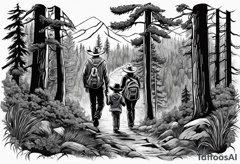 A man in cowboy hat with his family hiking through the Forrest. Add Mexican American tone tattoo idea